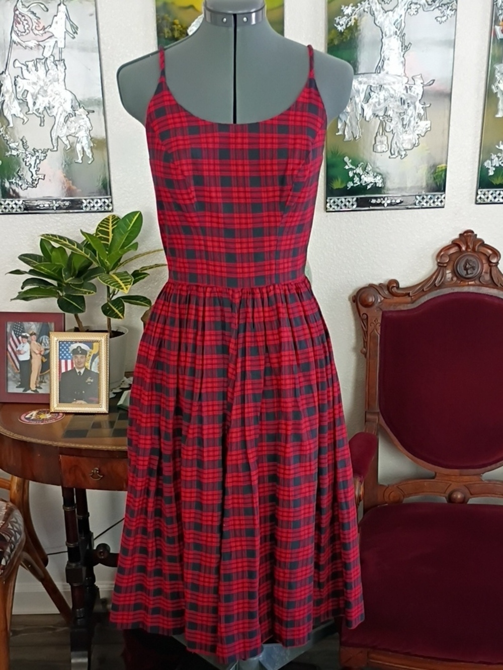 Vintage 1950s Red And Black Tartan Cotton Dress Size Small
